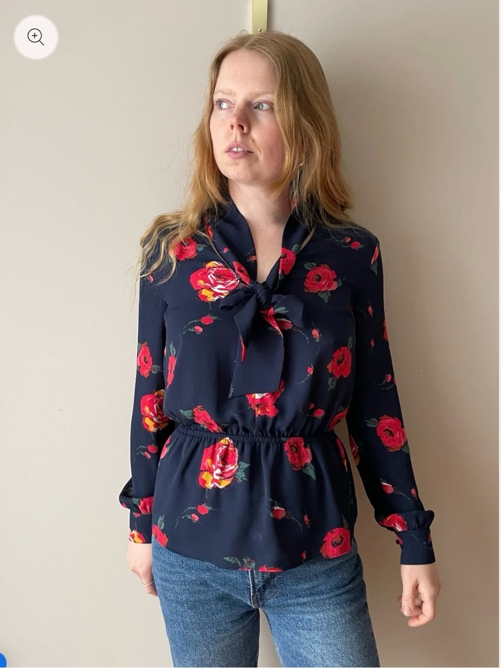 Aritzia Navy Floral Tie-Neck Blouse with Red & Yellow Roses